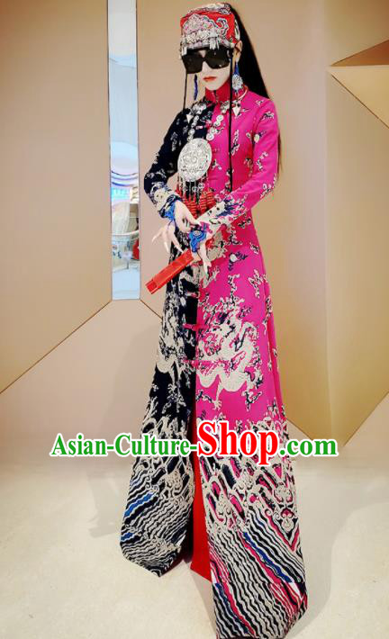 Chinese Traditional National Rosy Linen Qipao Tang Suit Cheongsam Dress Costume for Women