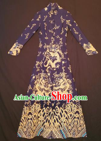 Chinese Traditional National Navy Linen Qipao Tang Suit Cheongsam Dress Costume for Women