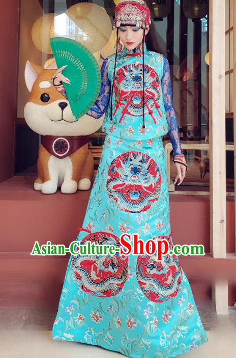 Chinese Traditional National Blue Brocade Vest and Skirt Tang Suit Cheongsam Costume for Women