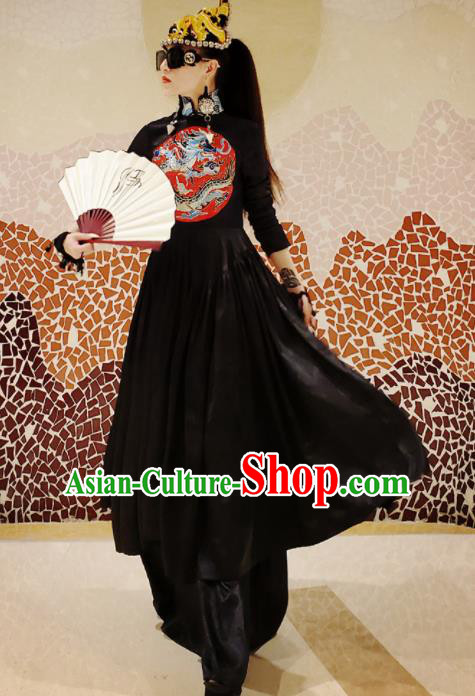 Chinese Traditional National Embroidered Black Qipao Dress Tang Suit Cheongsam Costume for Women