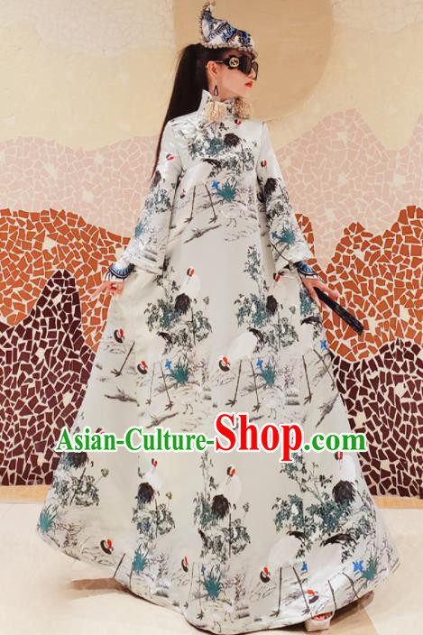 Chinese Traditional National Printing Crane White Brocade Qipao Dress Tang Suit Cheongsam Costume for Women