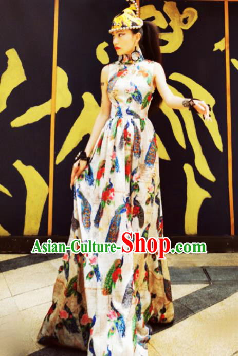 Chinese Traditional National Printing Peacock White Qipao Dress Tang Suit Cheongsam Costume for Women
