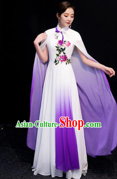 Chinese National Classical Dance Embroidered Purple Qipao Dress Traditional Compere Cheongsam Costume for Women