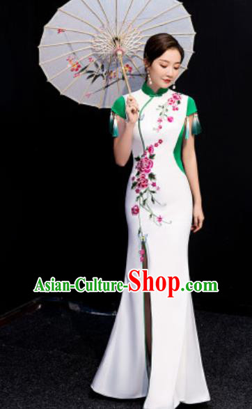 Chinese National Stage Show Embroidered Qipao Dress Traditional Compere Cheongsam Costume for Women