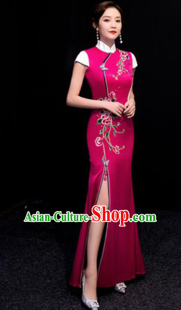 Chinese Compere National Embroidered Rosy Qipao Dress Traditional Cheongsam Costume for Women