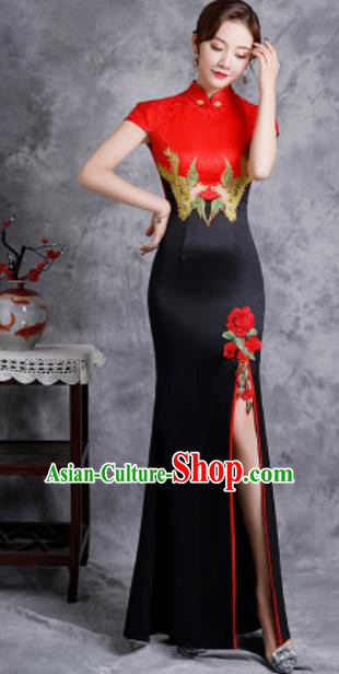 Chinese Compere National Embroidered Black Qipao Dress Traditional Cheongsam Costume for Women