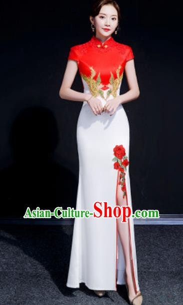 Chinese Compere National Embroidered White Qipao Dress Traditional Cheongsam Costume for Women