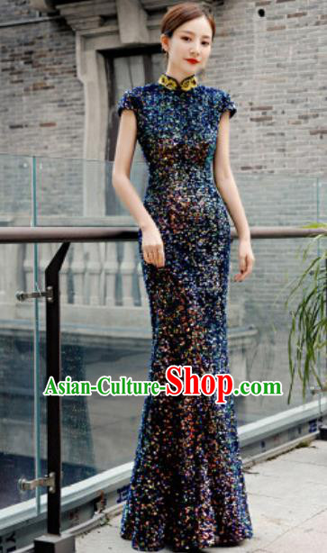 Chinese Compere National Stage Show Navy Qipao Dress Traditional Cheongsam Costume for Women