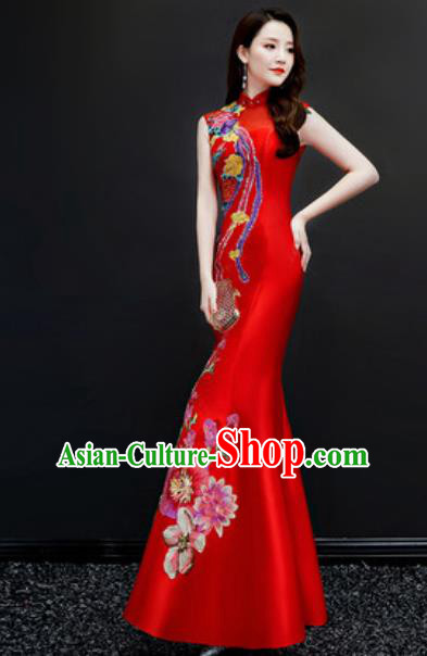 Chinese National Embroidered Red Qipao Dress Traditional Compere Cheongsam Costume for Women