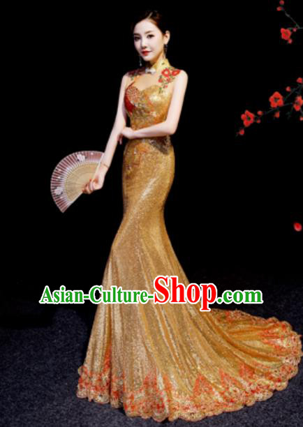 Chinese National Golden Sequins Trailing Qipao Dress Traditional Compere Cheongsam Costume for Women