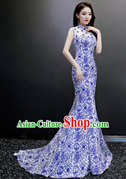 Chinese National Blue Printing Trailing Qipao Dress Traditional Compere Cheongsam Costume for Women