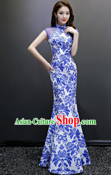 Chinese National Blue Printing Qipao Dress Traditional Compere Cheongsam Costume for Women