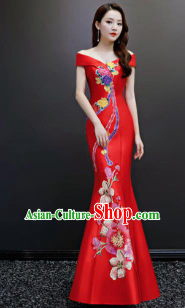 Top Compere Embroidered Red Flat Shoulder Full Dress Evening Party Costume for Women