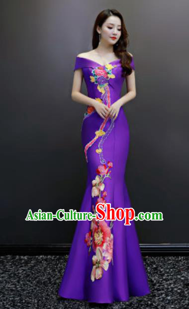 Top Compere Embroidered Purple Flat Shoulder Full Dress Evening Party Costume for Women