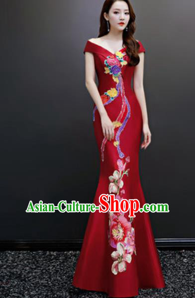 Top Compere Embroidered Wine Red Flat Shoulder Full Dress Evening Party Costume for Women