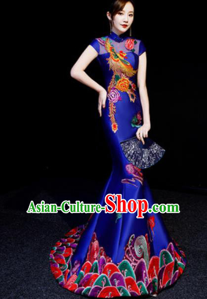 Chinese National Embroidered Phoenix Royalblue Trailing Qipao Dress Traditional Compere Cheongsam Costume for Women