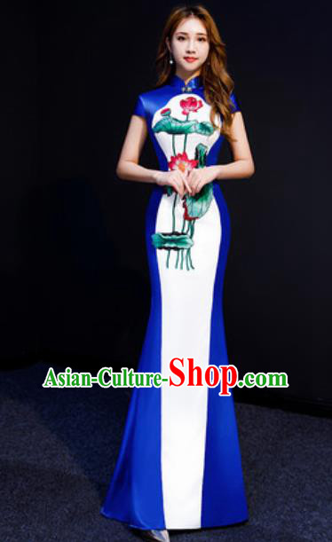 Chinese National Embroidered Lotus Qipao Dress Traditional Compere Cheongsam Costume for Women