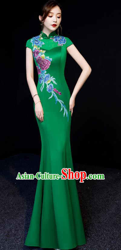 Chinese National Embroidered Peony Green Qipao Dress Traditional Compere Cheongsam Costume for Women