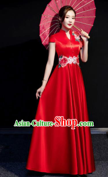 Chinese Compere National Red Qipao Dress Traditional Embroidered Peony Cheongsam Costume for Women