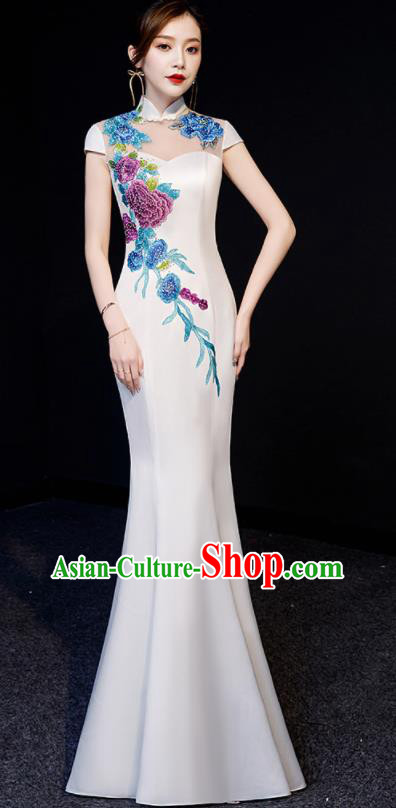 Chinese National Embroidered Peony White Qipao Dress Traditional Compere Cheongsam Costume for Women