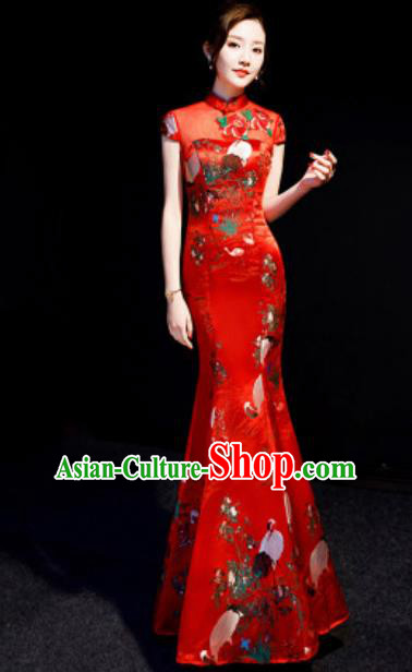 Chinese National Printing Crane Red Brocade Qipao Dress Traditional Compere Cheongsam Costume for Women