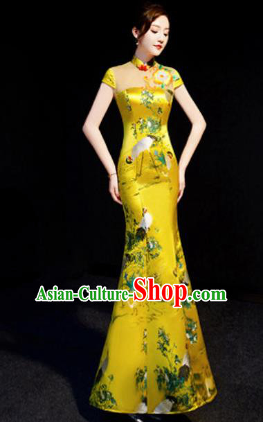 Chinese National Printing Crane Golden Brocade Qipao Dress Traditional Compere Cheongsam Costume for Women