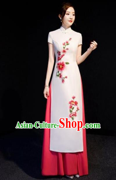 Chinese National Embroidered Peach Blossom White Qipao Dress Traditional Compere Cheongsam Costume for Women