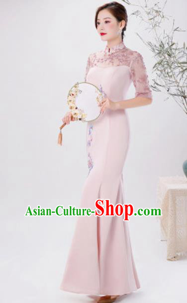 Chinese Compere National Embroidered Pink Qipao Dress Traditional Cheongsam Costume for Women