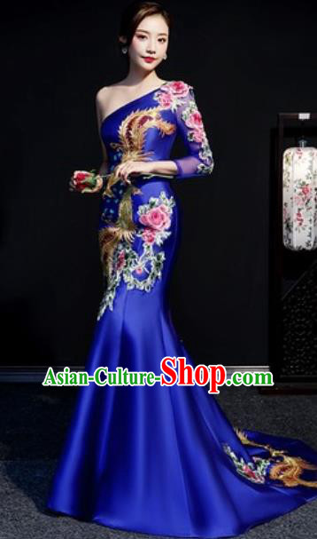 Chinese Compere National Embroidered Phoenix Peony Royalblue Full Dress Traditional Cheongsam Costume for Women