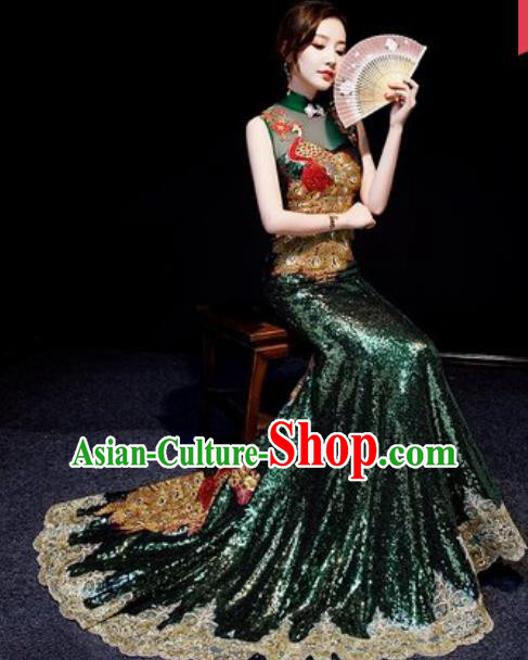 Chinese National Embroidered Peacock Atrovirens Trailing Qipao Dress Traditional Compere Cheongsam Costume for Women