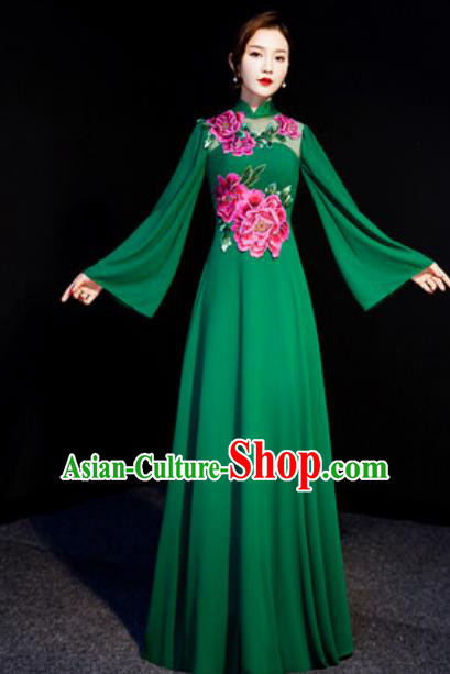 Chinese Spring Festival Gala Embroidered Peony Green Qipao Dress Traditional Compere Cheongsam Costume for Women