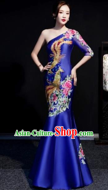 Chinese Compere National Embroidered Phoenix Peony Royalblue Fishtail Full Dress Traditional Cheongsam Costume for Women