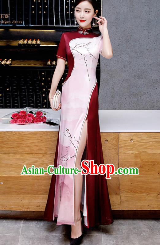 Chinese Spring Festival Gala Printing Pink Qipao Dress Traditional Compere Cheongsam Costume for Women