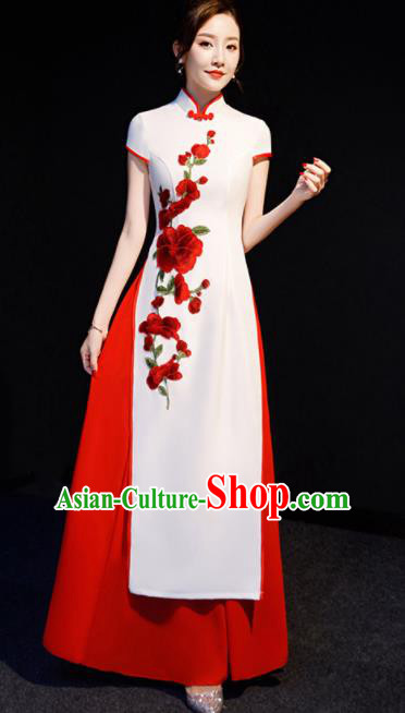 Chinese Spring Festival Gala Embroidered Red Peach Blossom Qipao Dress Traditional Compere Cheongsam Costume for Women