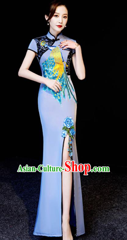 Chinese Traditional Embroidered Peacock Blue Qipao Dress Spring Festival Gala Compere Cheongsam Costume for Women