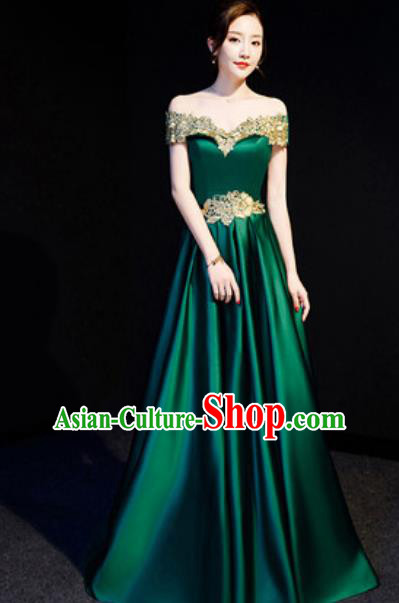 Top Compere Green Flat Shoulder Full Dress Evening Party Costume for Women