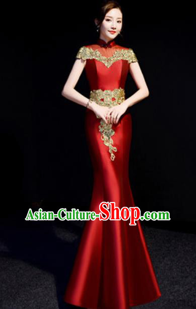 Chinese Traditional Bride Embroidered Wine Red Qipao Dress Spring Festival Gala Compere Cheongsam Costume for Women