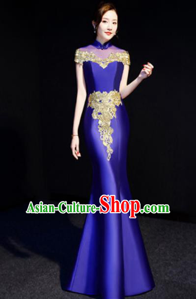 Chinese Traditional Bride Embroidered Royalblue Qipao Dress Spring Festival Gala Compere Cheongsam Costume for Women