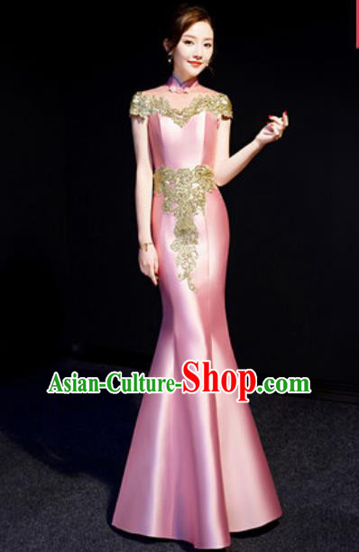 Chinese Traditional Bride Embroidered Pink Qipao Dress Spring Festival Gala Compere Cheongsam Costume for Women