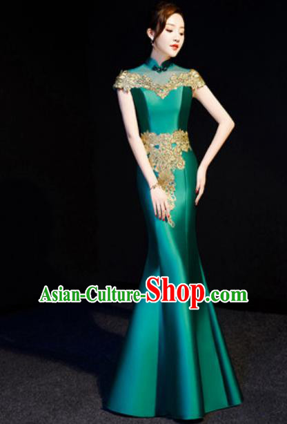 Chinese Traditional Bride Embroidered Green Qipao Dress Spring Festival Gala Compere Cheongsam Costume for Women