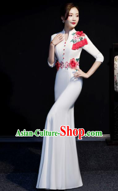 Chinese Compere National Embroidered Peony White Full Dress Traditional Cheongsam Costume for Women