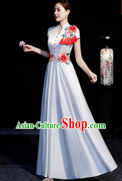 Chinese Compere Embroidered Peony White Full Dress Traditional National Cheongsam Costume for Women