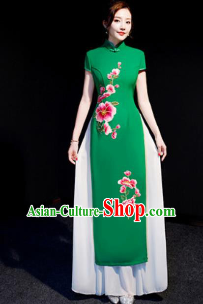 Chinese National Embroidered Peach Blossom Green Qipao Dress Traditional Compere Cheongsam Costume for Women