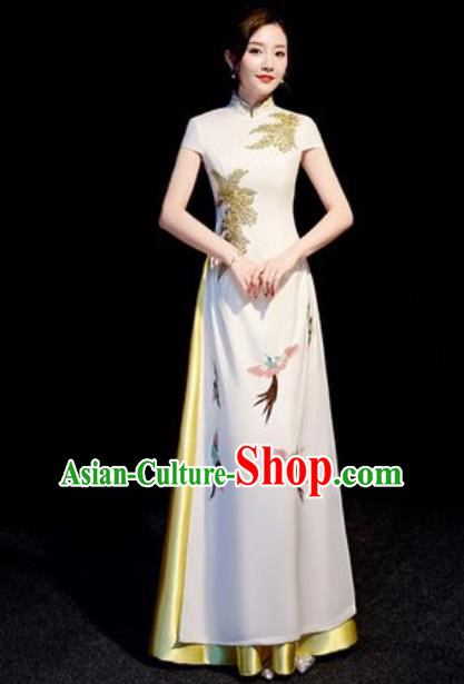 Chinese National Embroidered Birds White Qipao Dress Traditional Compere Cheongsam Costume for Women