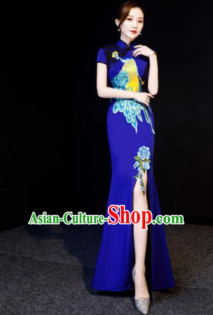 Chinese National Embroidered Peacock Royalblue Qipao Dress Traditional Compere Cheongsam Costume for Women