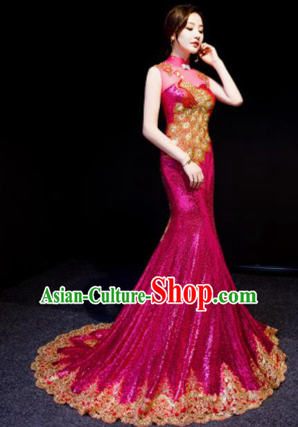 Chinese National Embroidered Peacock Rosy Trailing Qipao Dress Traditional Compere Cheongsam Costume for Women