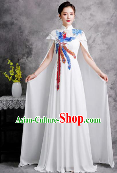 Chinese Compere Embroidered Phoenix White Trailing Full Dress Traditional National Cheongsam Costume for Women