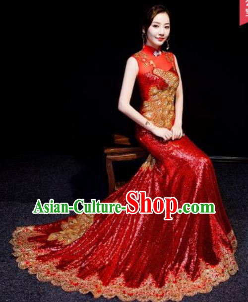 Chinese National Embroidered Peacock Red Trailing Qipao Dress Traditional Compere Cheongsam Costume for Women