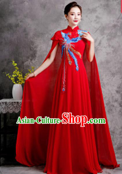 Chinese Compere Embroidered Phoenix Red Trailing Full Dress Traditional National Cheongsam Costume for Women