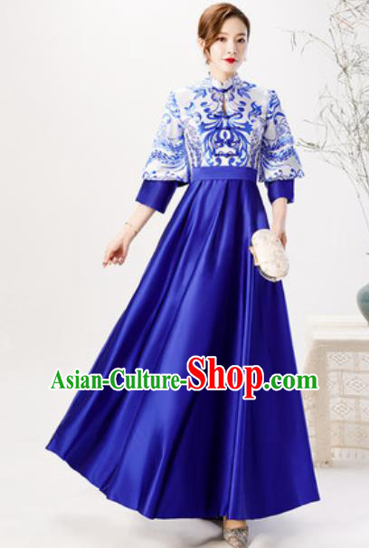 Chinese Compere Royalblue Brocade Full Dress Traditional National Cheongsam Chorus Costume for Women